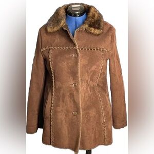 VTG PASHA & JO New York Faux‎ Suede Leather Faux Fur Jacket Sz Small Brown Vegan